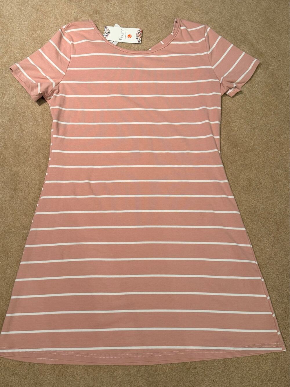 NWT Feager Women Pink White Striped Casual T-Shirt Dress Size L Cross Back Short